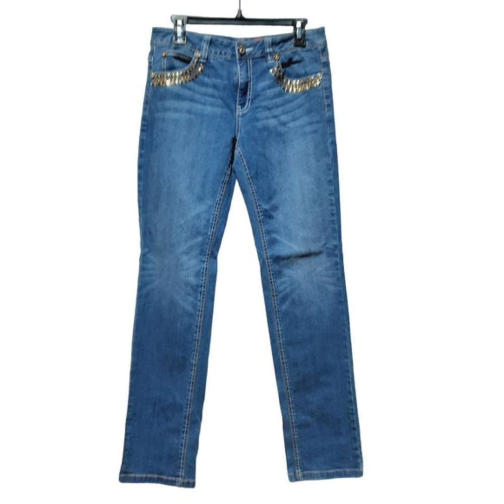 V Cristina Women's Stretchy Straight Leg Embellished‎ Pocket Jean 10